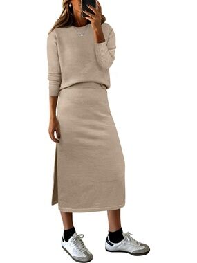 Anrabess Women's Khaki Crew Neck Long Sleeve 2 Piece Striped Skirt Set